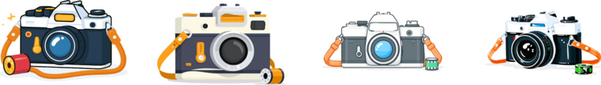A classic film camera with a leather strap and a small roll of film next to it is depicted in a flat vector illustration style, showcasing sharp edges and high resolution