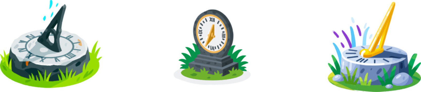 A minimalist sundial in a garden features bold grey stone, brass shadow, and grass green base, isolated on white with sharp edges for vectorization