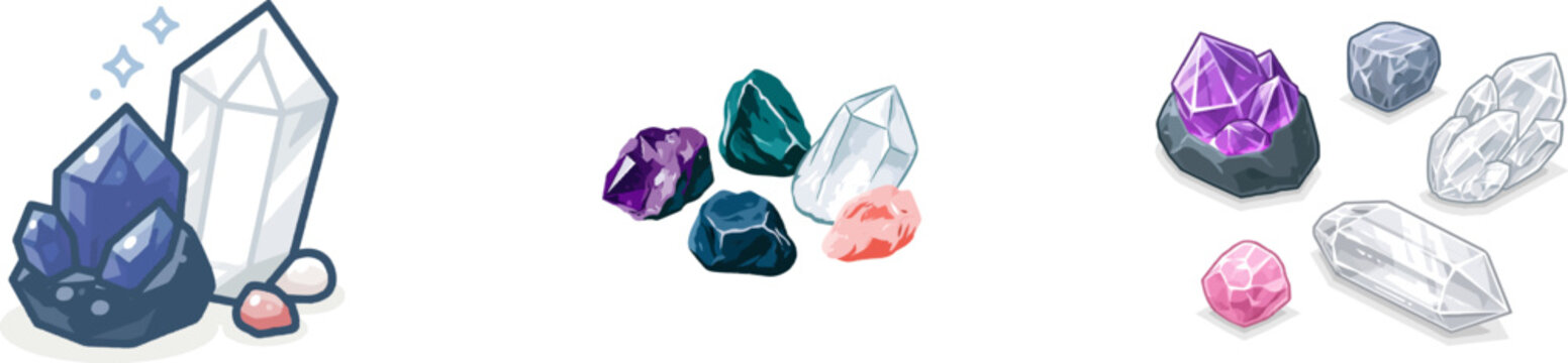 A collection of raw healing crystals including a purple amethyst and a clear quartz is presented in an isometric view with bold geometric shapes, clean outlines, and a soft pink background