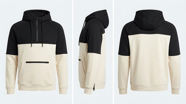 Blank two-tone black and cream hoodie template. Quarter zip sweatshirt long sleeve with clipping path, hoody for design mockup for print, isolated on white background.