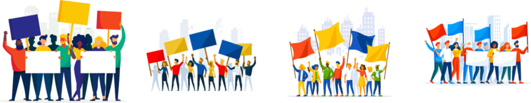 A diverse protest group holds colorful banners against a simplified urban backdrop in a flat vector illustration style