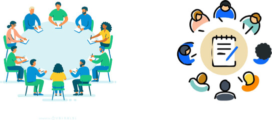 Fototapeta premium A group of professionals in a leadership workshop sits around a table, engaged in discussion with notebooks and pens in hand, depicted in a clean vector illustration style