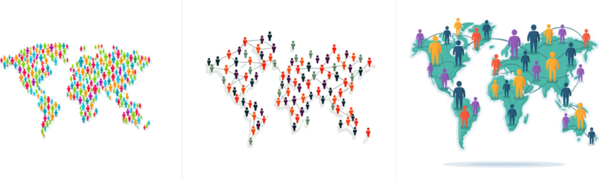 A vibrant world map created from colorful human silhouettes connected by thin lines, rendered in a simple flat vector art style with bold shapes and clean lines, isolated on a white background