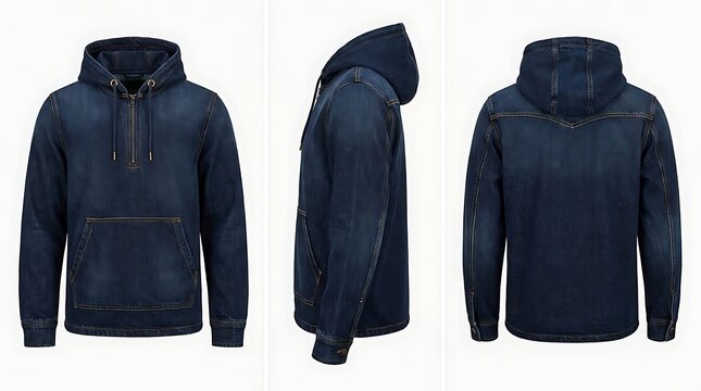 Blank blue denim hoodie template set. Hoodie sweatshirt long sleeve with clipping path, half zip hoody for design mockup for print, front side back view isolated on white background.