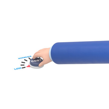 Cartoon Gesture Icon Mockup.Flat 3d isometric businessman hand turn cost dial to low position.Cost reduction management concept.Supports PNG files with transparent backgrounds.
