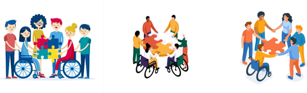 A diverse group of people with different abilities collaborates on a giant puzzle, symbolizing unity and inclusivity in problem-solving