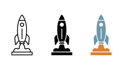 Set of rocket ship launch icons featuring line art solid black and flat color designs for startup and business growth concepts © TARU STOCKPLC