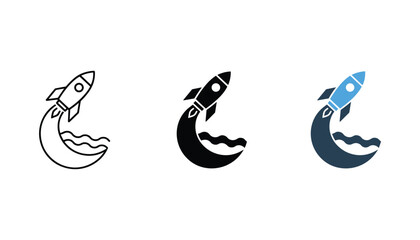 Rocket ship launching from a moon crescent icon set in minimal line art and solid blue color variations for space exploration and startup business innovation graphic design elements isolated on white © TARU STOCKPLC