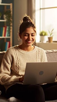Smiling young woman working on laptop while sitting on sofa in cozy living room, happy female freelancer typing on computer keyboard during remote work from home, online learning and comfort lifestyle