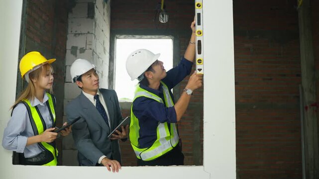 Construction site engineer worker safety helmet vest level tool inspection building renovation teamwork construction inspection team reflective vest survey manual check project interior wall site
