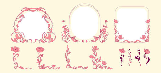 Art nouveau vintage corner borders with floral ornament and vines motif. Vector illustration of botanic frame design for retro books, invitations, cards, decorative pattern for typography projects © klyaksun