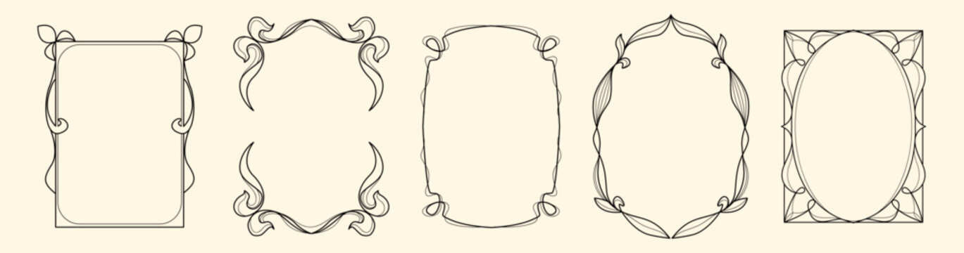 Art nouveau vintage borders with floral ornament and elegant curves motif. Vector illustration of art deco frame design for retro books, invitations, cards, decorative pattern for typography projects