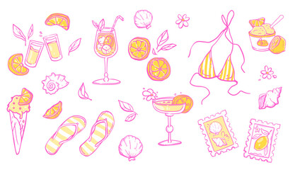 Obraz premium Vintage sketch pattern with yellow lemons, summer coastal vector set isolated. Italian amalfi design elements, doodle citrus fruits and limoncello drink, gelato, shell, bikini for mediterranean design