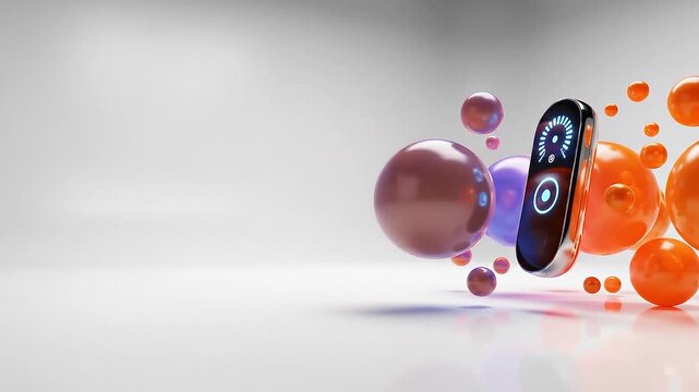 Futuristic smart device transmitting blue electric lightning signal wave energy surrounded by floating orange glossy spheres against clean white studio background representing high speed data transfer