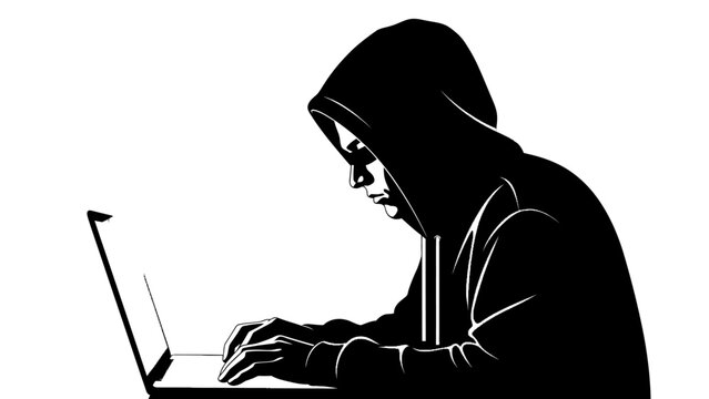 Silhouette of person using laptop concept for technology or data security