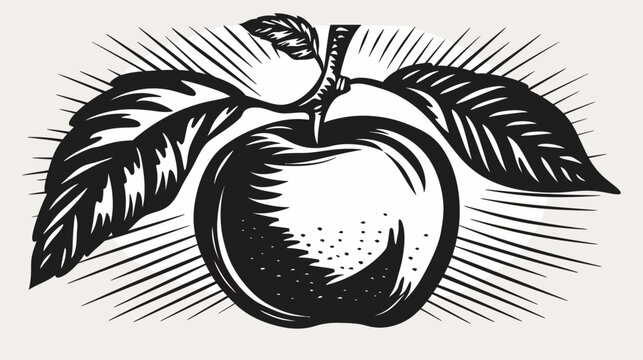 Black and white illustration of an apple with leaves and a detailed design
