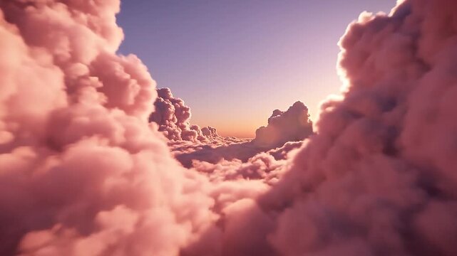 Cinematic aerial drone view flying forward slowly through dramatic pink clouds during golden hour sunset creating a dreamy pastel sky background representing fantasy peaceful nature and abstract