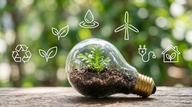 World environment day sustainable living concept with plant in lightbulb and eco icons