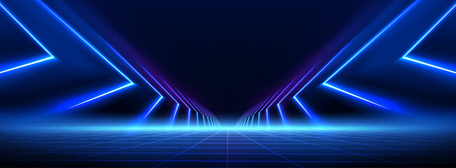 Futuristic neon grid floor with glowing blue lines and perspective, abstract vector background with speed effect. Digital matrix texture, triangles with laser beams, and cyberpunk design © klyaksun