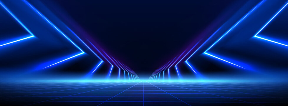 Futuristic neon grid floor with glowing blue lines and perspective, abstract vector background with speed effect. Digital matrix texture, triangles with laser beams, and cyberpunk design