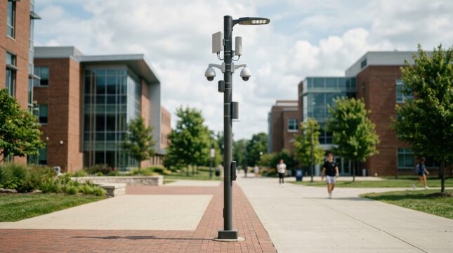 Medium shot of a smart campus communication pole combining wireless radios security sensors and LED lighting to support a connected and secure educational environment.