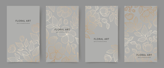 Naklejka na ściany i meble Elegant set of luxury gray backgrounds with a gold linear floral pattern. Floral frame. Vector templates for wedding invitations, greeting cards, packaging, branding, design, social media