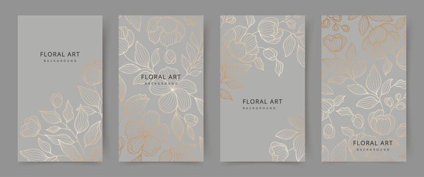 Elegant set of luxury gray backgrounds with a gold linear floral pattern. Floral frame. Vector templates for wedding invitations, greeting cards, packaging, branding, design, social media