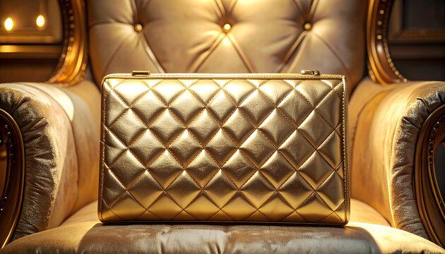 Metallic gold clutch with a diamond quilted pattern draped over a velvet armchair under low key cinematic lighting and reflections generative AI