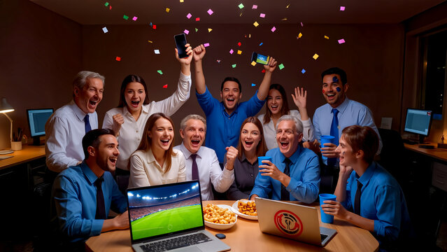 A group of diverse European office colleagues ecstatically celebrating a soccer goal while watching a match on laptops and smartphones during an office meeting, featuring a festive, 