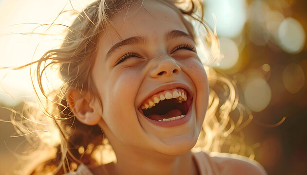 Girl laughing hysterically while being tickled with hands visible but out of focus showing raw candid emotion and facial crinkles generative AI