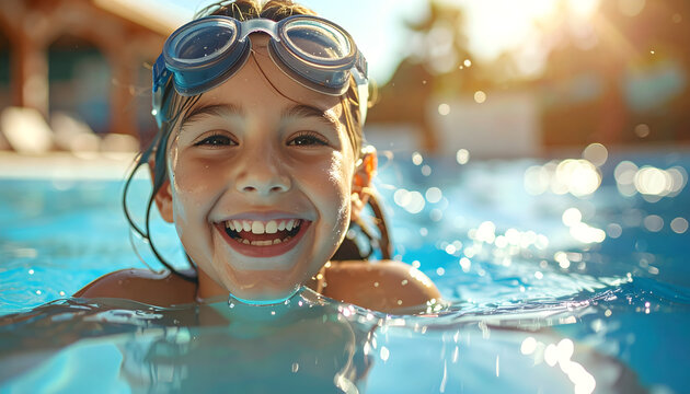Girl laughing in a swimming pool with goggles on her head after swimming without floaties for the first time feeling proud generative AI