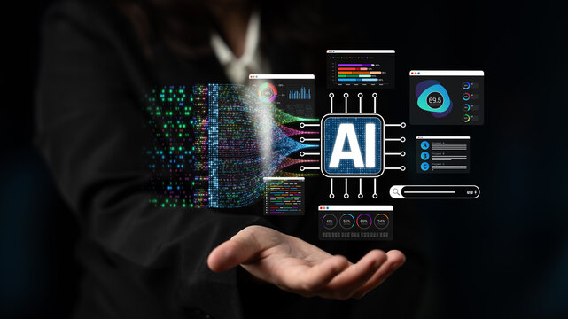 Hand Holding Artificial Intelligence Graphics with Data Visualization Elements Featuring Modern Computing Technology and Colorful Patterns Sigmoid