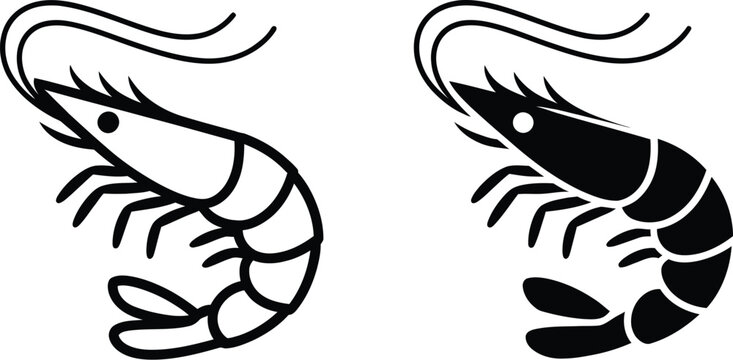 Shrimp icon collection in line and solid black vector style representing seafood animal illustration 