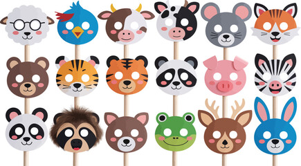 Obraz premium A charming collection of eighteen handcrafted animal masks on sticks for children party fun