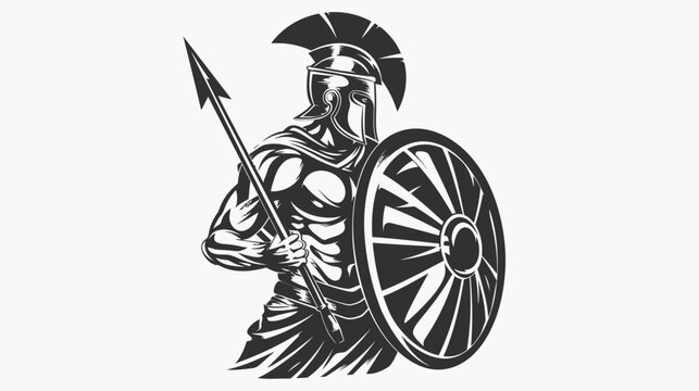 Ancient warrior silhouette holding spear and shield against white background