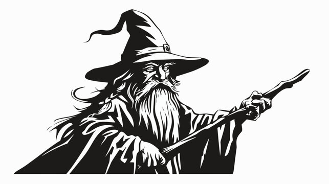 Wise wizard illustration in black and white pointing with staff isolated