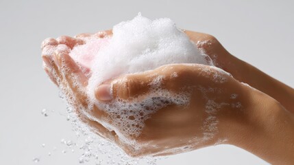 Fototapeta premium female hands lathering bar soap foam during hand washing, minimal soft white background, hygiene and cleanliness theme, ultra realistic photography,