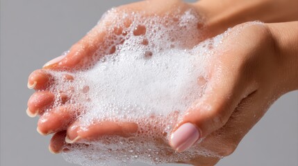 Fototapeta premium female hands lathering bar soap foam during hand washing, minimal soft white background, hygiene and cleanliness theme, ultra realistic photography,