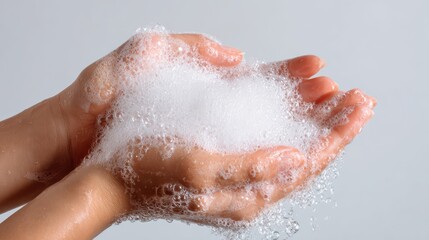 Fototapeta premium female hands lathering bar soap foam during hand washing, minimal soft white background, hygiene and cleanliness theme, ultra realistic photography,