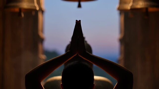 Devotee Offering Prayers to Lord Shiva Statue inside Ancient Indian Temple