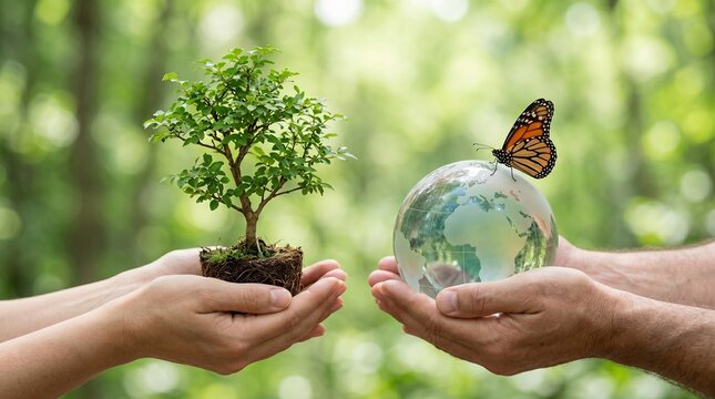 World environment day hands holding sapling and globe with butterfly sustainability concept