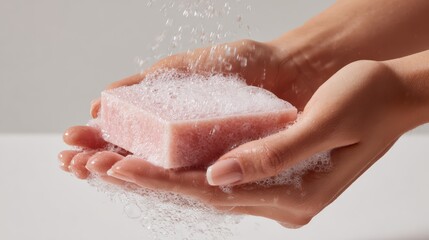 Fototapeta premium female hands washing with solid bar soap, rich foam lather, hands visible up to elbow, clean soft white background, hygiene concept