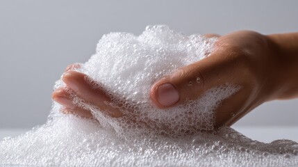 Fototapeta premium woman hands lathering soap bar creating foam bubbles, arms visible to elbow, simple minimal white background, hyper realistic canon style photo