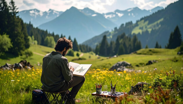 Artist sitting on a stool sketching a mountain panorama in a sketchbook with watercolors and brushes in a natural setting generative AI