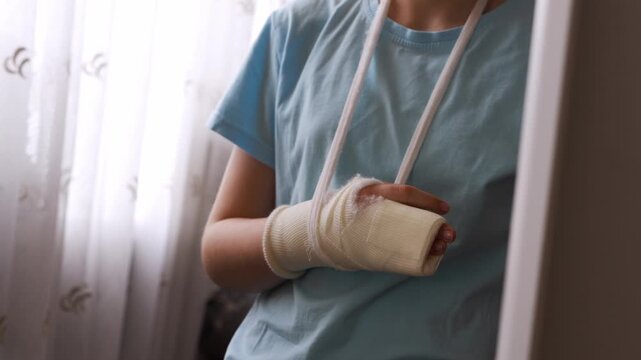 Person wraps injured hand in bandages while looking in mirror