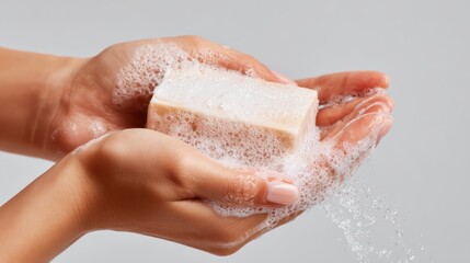 Fototapeta premium woman washing hands with solid soap bar creating rich foam, arms visible to elbow, soft studio white background