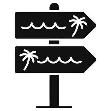 Beach Signpost Vector Icon with Palm Trees and Waves Silhouette, Minimalist Summer Vacation Road Direction Pointer Arrow Graphic Element, Tropical Island Resort Travel Destination Wayfinder Symbol