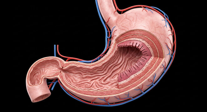 Stomach cross-section revealing internal layers of mucosa with rugae, submucosa, muscularis, serosa, and external vascularization with arteries and veins, on black background.