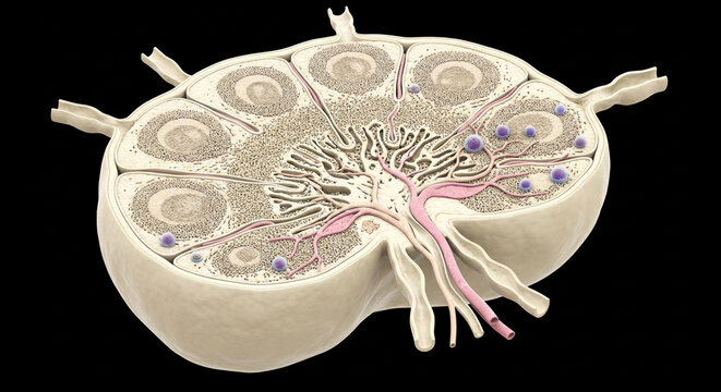 Lymph node cross-section showcasing internal anatomy with lymphatic follicles, cortex, medulla, and vascular structures on black background.