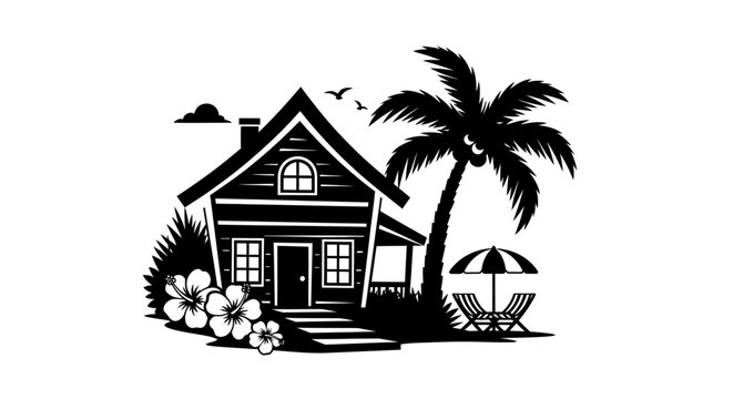 Black and white tropical house with palm tree and parasol illustration